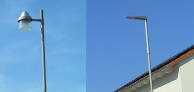 Alte (links) und neue (rechts) Straßenbeleuchtung. Alte (links) und neue (rechts) Straßenbeleuchtung.